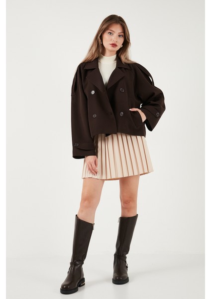 Regular Fit Kruvaze Yaka Düğmeli Astarlı Kısa Trençkot Bayan TRENÇKOT 6524955 modelleri