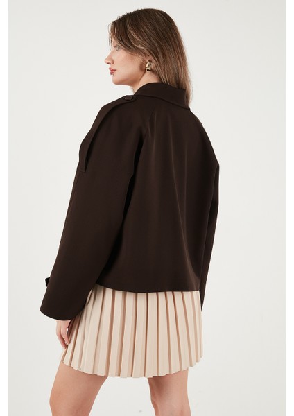 Regular Fit Kruvaze Yaka Düğmeli Astarlı Kısa Trençkot Bayan TRENÇKOT 6524955