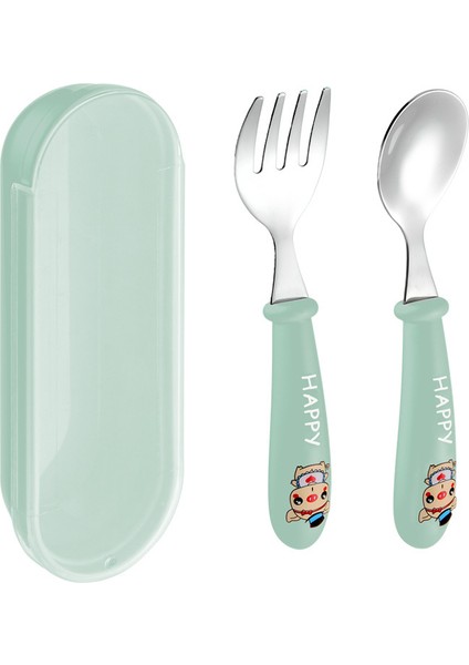 Yeşil Renk Kedi Model Premium Çocuk Bpa'sız Silikon Saplı Paslanmaz Çelik Uçlu Çatal-Kaşık, (9+ Ay