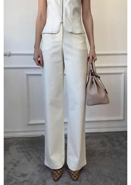 Arkası Lastikli Boru Paça Pantolon- Krem fırsatları
