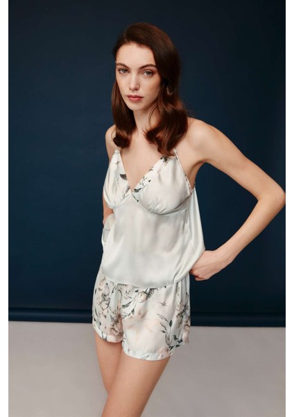 Kadın Baskılı Saten Ip Askılı Şortlu Pijama Takımı 30026
