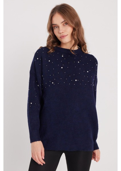 Kadın Slim Fit Dar Kesim Bisiklet Yaka Işlemeli Lacivert Kazak