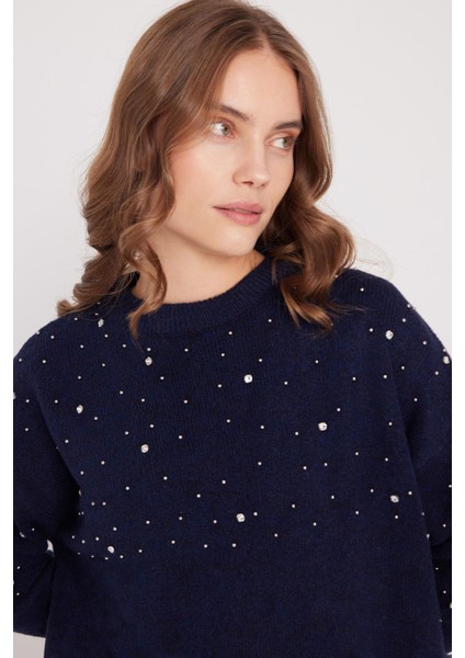 Kadın Slim Fit Dar Kesim Bisiklet Yaka Işlemeli Lacivert Kazak fiyatları