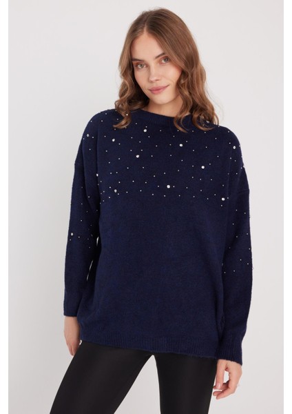 Kadın Slim Fit Dar Kesim Bisiklet Yaka Işlemeli Lacivert Kazak fırsatları