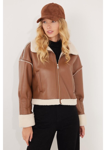 Kadın Regular Fit Klasik Kesim Içi Kürklü Kol Detaylı taba Deri Mont fiyatları