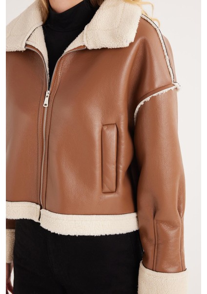 Kadın Regular Fit Klasik Kesim Içi Kürklü Kol Detaylı taba Deri Mont modelleri