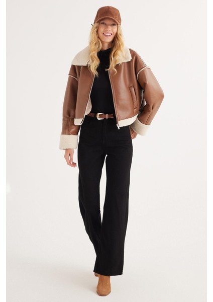 Kadın Regular Fit Klasik Kesim Içi Kürklü Kol Detaylı taba Deri Mont fırsatları