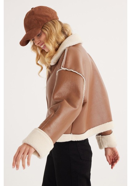 Kadın Regular Fit Klasik Kesim Içi Kürklü Kol Detaylı taba Deri Mont indirimleri