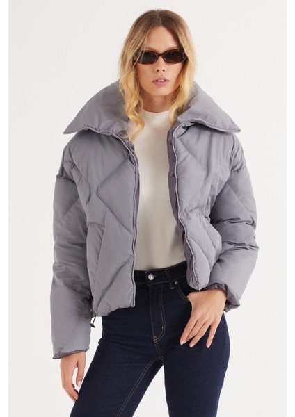 Kadın Oversize Geniş Kesim Şişme Dik Yaka Antrasit Mont