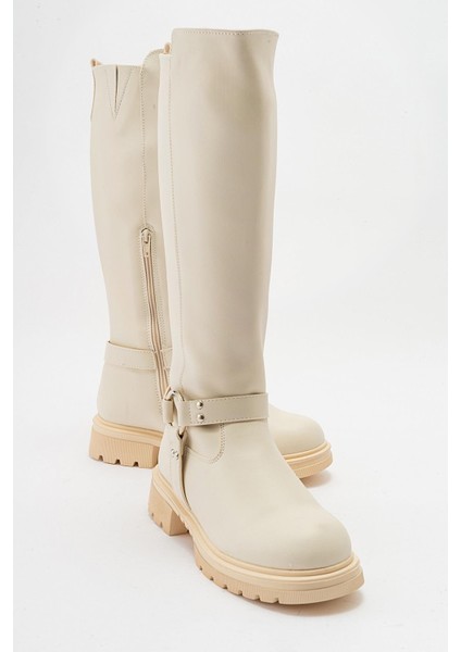 Kaydırmaz Halkalı Fermuarlı Çizme Bej Cilt