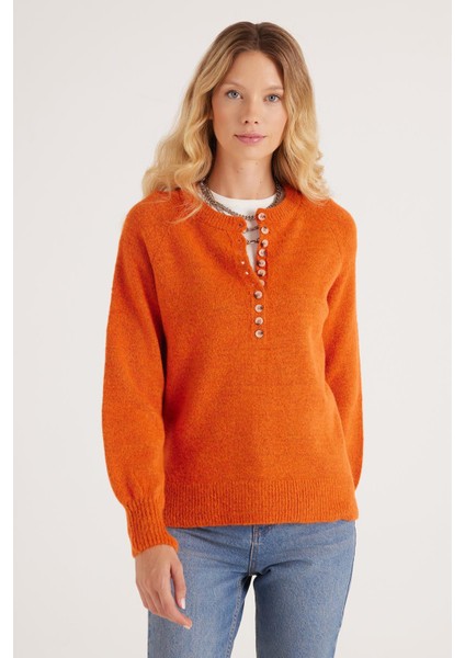 Kadın Oversize Geniş Kesim Düğmeli Yaka kiremit Kazak fırsatları