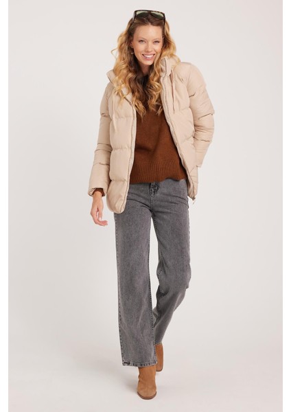 Kadın Relax Fit Rahat Kesim Su Geçirmez Kapüşonlu Camel Mont fırsatları