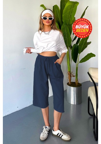 Kadın Büyük Beden Yüksek Bel Keten Görünümlü %100 Pamuk Kapri W203-64