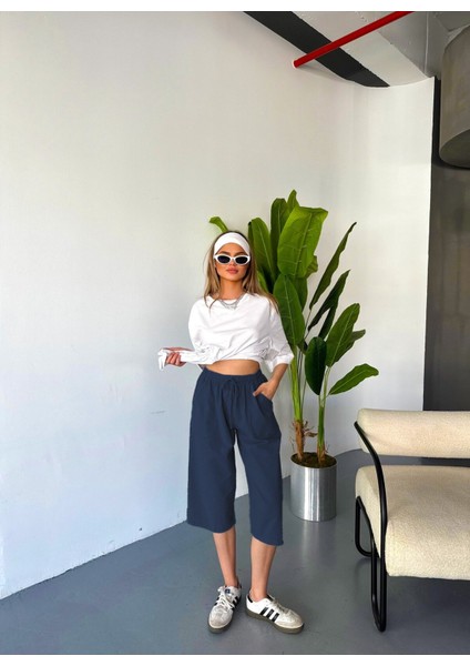 Kadın Büyük Beden Yüksek Bel Keten Görünümlü %100 Pamuk Kapri W203-64 indirimleri