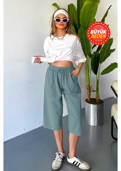 Kadın Büyük Beden Yüksek Bel Keten Görünümlü %100 Pamuk Kapri W203-64
