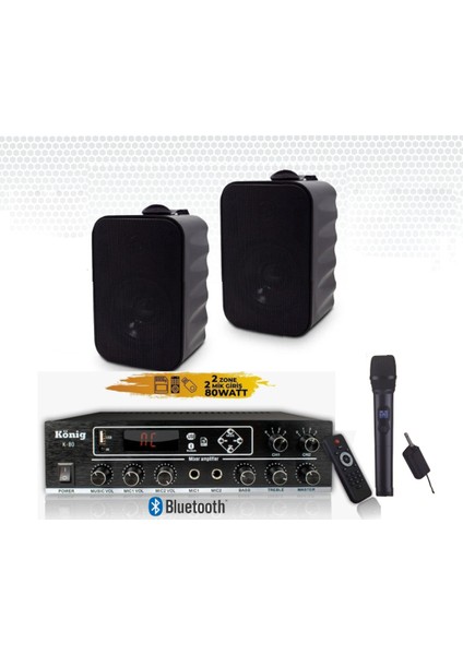 2’lı Duvar Hoparlörlü El Mikrofonlu Bluetooth Anfi Ses Sistemi Seti