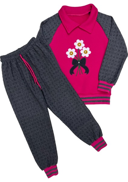 Kız Çocuk Papatya Nakışlı Ribana Detaylı 3 Iplik Alt- Üst Takım 12322