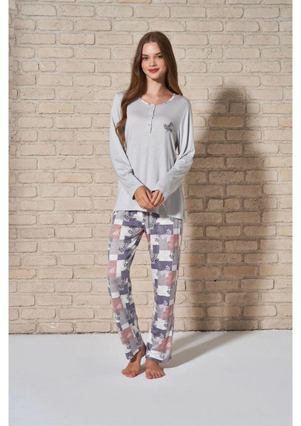 1764 Kadın Düğmeli Yaka Rahat Yaprak Desenli Uzun Kol Pijama Takım