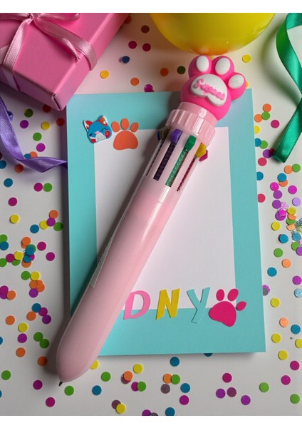 10 Renkli Pati Tasarımlı Çok Fonksiyonlu Tükenmez Kalem, Otomatik Mekanizma, Pembe Mavi Mor