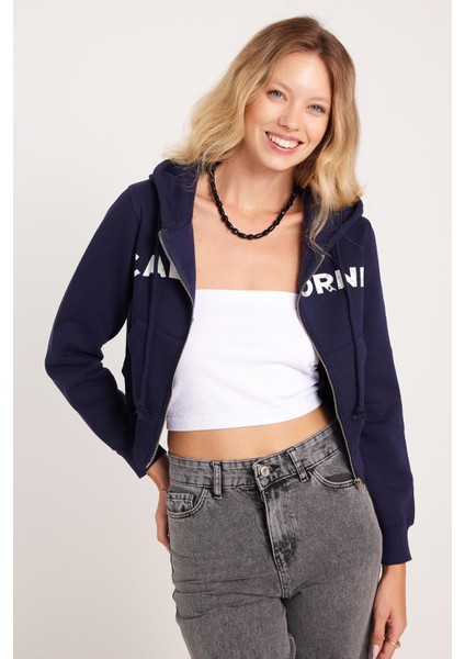 Kadın Slim Fit Dar Kesim Pamuklu Kapüşonlu Baskılı Lacivert Hırka