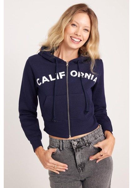 Kadın Slim Fit Dar Kesim Pamuklu Kapüşonlu Baskılı Lacivert Hırka fırsatları