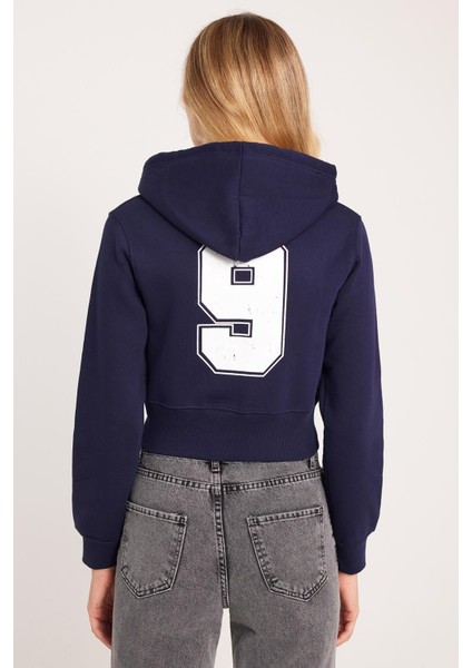 Kadın Slim Fit Dar Kesim Pamuklu Kapüşonlu Baskılı Lacivert Hırka