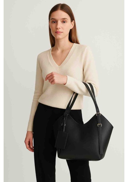 Siyah Suni Deri Kadın Omuz ve El Çantası