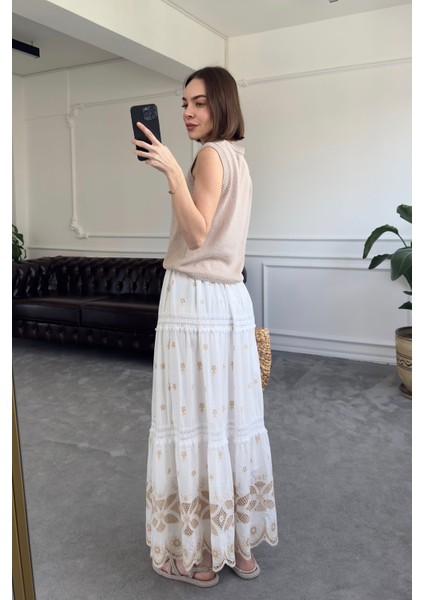 Brodeli Beli Lastikli Premium Etek- Ekru