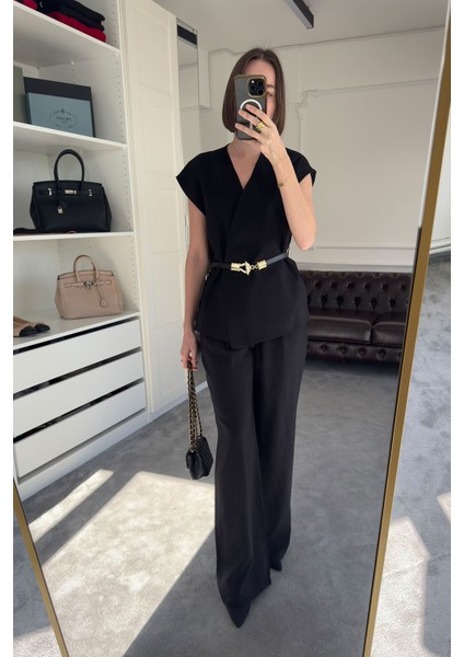 Beli Kemerli Premium Yelekli Modal Takım- Siyah