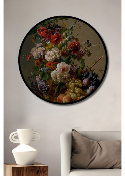Dekoratif Ahşap Yuvarlak Çerçeve Görünümlü Tablo Çiçekli Meyve Sepeti