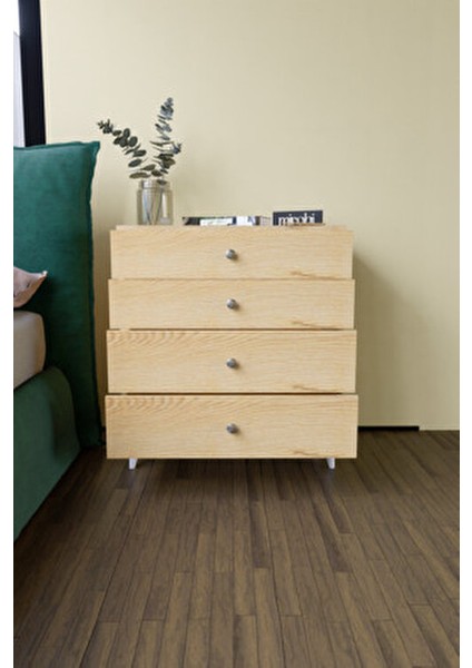 Dekoratif 4 Çekmeceli Ayaklı Şifonyer Atlantik Çam Modern Tasarım 83 cm Yükseklik