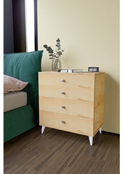 Dekoratif 4 Çekmeceli Ayaklı Şifonyer Atlantik Çam Modern Tasarım 83 cm Yükseklik