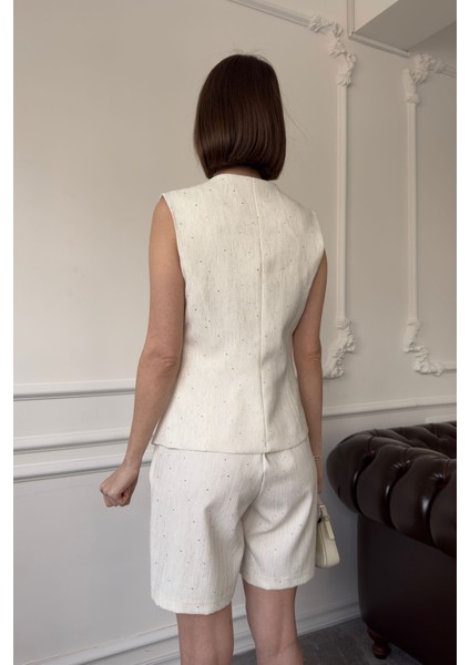 Pul Işlemeli Yelekli Premium Şort Takım- Ekru