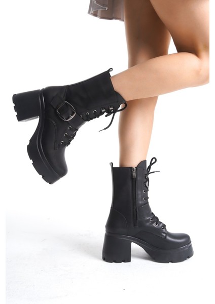 Yandan Fermuarlı Bağcıklı Topuklu Bot Cilt Siyah Topuk Boyu 7 cm