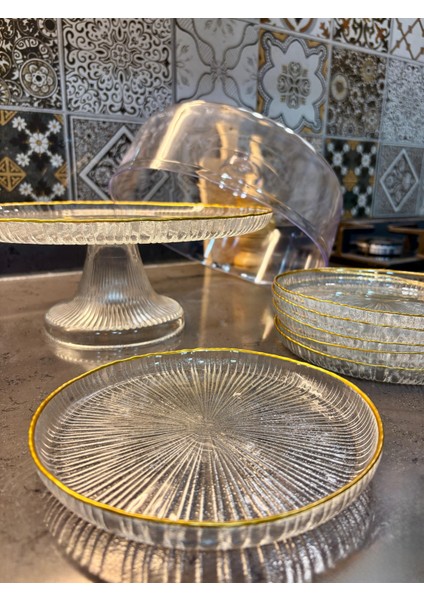 Altın Yaldızlı Ayaklı Kek Kurabiye Pasta Sunum Standı ve 6 Parça Pasta Tabağı Seti Sunum ve Servis Seti