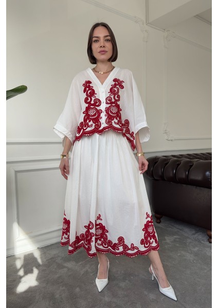 Nakışlı Bolero Etekli Takım- Bordo