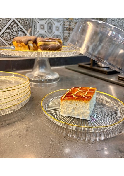 Altın Yaldızlı Ayaklı Kek Kurabiye Pasta Sunum Standı ve 6 Parça Pasta Tabağı Seti Sunum ve Servis Seti indirimleri