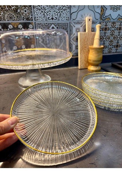 Altın Yaldızlı Ayaklı Kek Kurabiye Pasta Sunum Standı ve 6 Parça Pasta Tabağı Seti Sunum ve Servis Seti