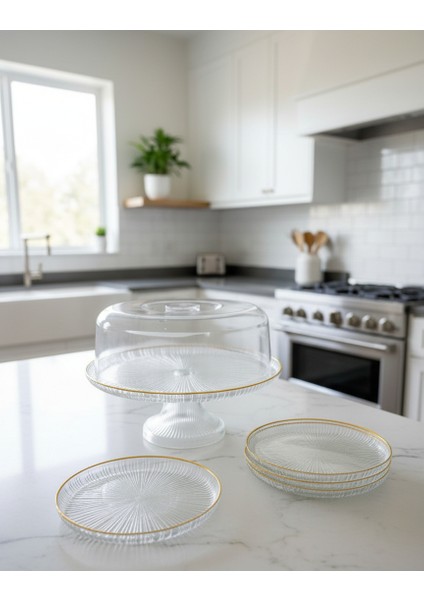 Altın Yaldızlı Ayaklı Kek Kurabiye Pasta Sunum Standı ve 6 Parça Pasta Tabağı Seti Sunum ve Servis Seti