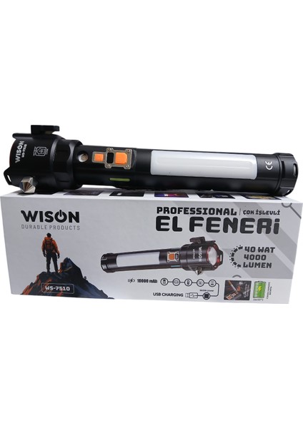 WS-7510 Profesyonel Acil Durum El Feneri | 40W – 4000 Lümen – 10.000 Mah – Cam Kırıcılı, Kemer Kesmeli & Çakmak Özellikli fiyatları
