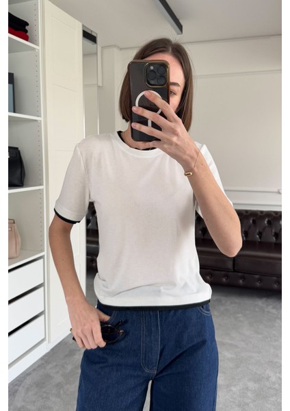 Renk Detay Triko Tshirt- Ekru indirimleri