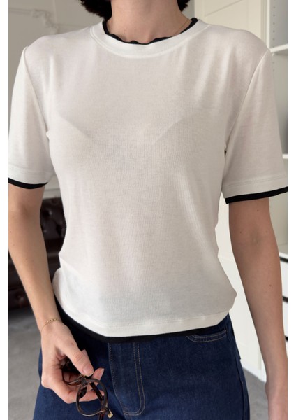 Renk Detay Triko Tshirt- Ekru
