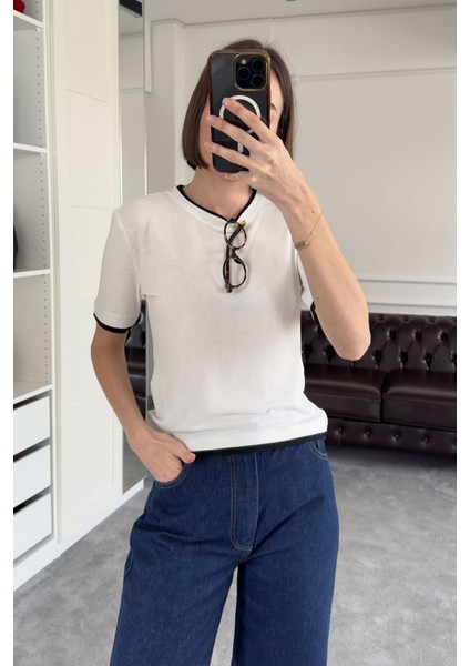 Renk Detay Triko Tshirt- Ekru