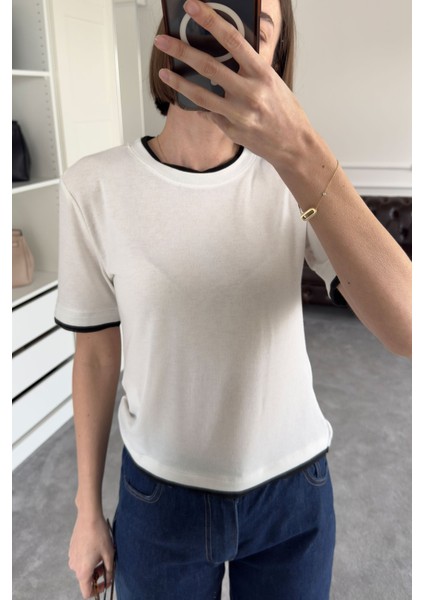 Renk Detay Triko Tshirt- Ekru
