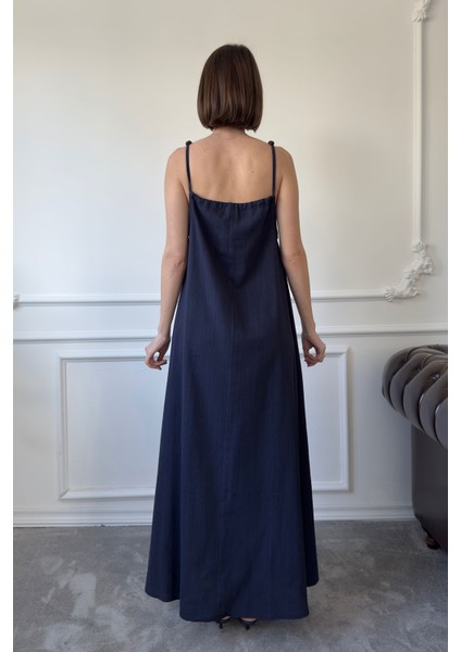 Omuzu Boncuklu Keten Elbise- Lacivert