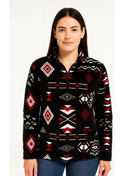 Kadın Yarım Fermuarlı Desenli Polar Sweat Tribal Etnik Desen Yakalı, Uzun Kollu, Oversize Rahat Kalıp - Siyah fiyatları