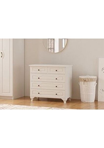 Irmak Country Şifonyer Beyaz Renk 5 Çekmeceli 90x86x40 cm Boyutlarıyla
