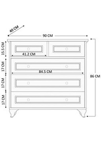 Irmak Country Şifonyer Beyaz Renk 5 Çekmeceli 90x86x40 cm Boyutlarıyla
