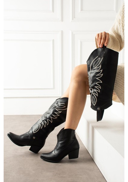 Lirna Kadın Kovboy Çizme&bot Farklı Kullanımlı Desenli Siyah Deri