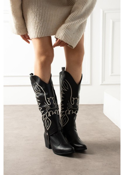 Lirna Kadın Kovboy Çizme&bot Farklı Kullanımlı Desenli Siyah Deri fiyatları